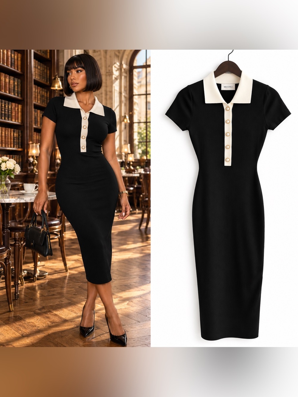 MESHKI Black Knit Midi Dress Contrast Collar Pearl Button Bodycon Polo Dress